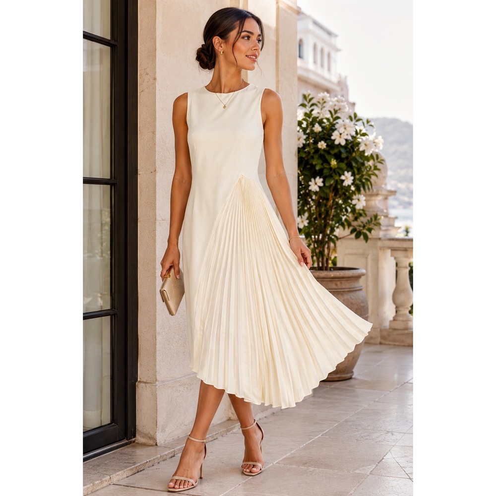Chic Minimalist Cream Pleated Asymmetrical Dress Quiet Luxury Resort Party Sz M